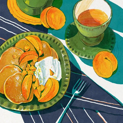 Apricot pancakes and tea in green vintage tableware by Mart Lett