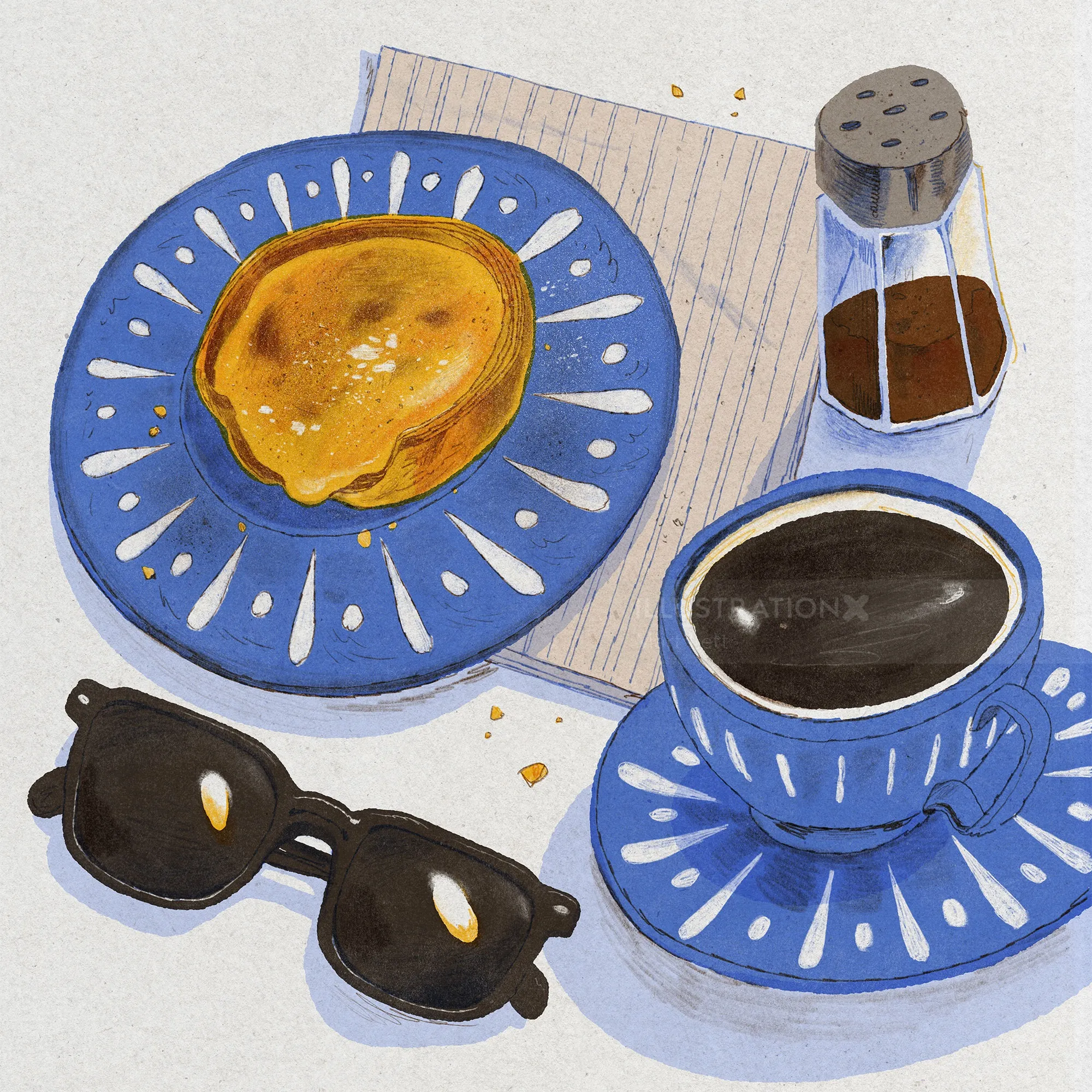 Illustration by Mart Lett of a pastel de nata, coffee, cinnamon, and sunglasses