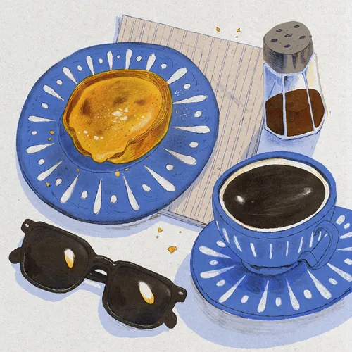 Illustration by Mart Lett of a pastel de nata, coffee, cinnamon, and sunglasses