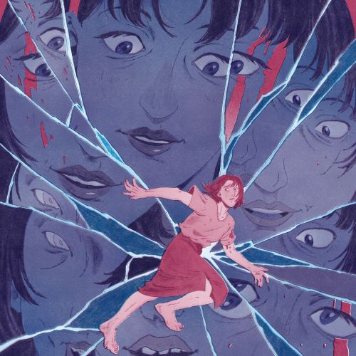 Mart Lett illustration of a woman surrounded by fractured faces and a running figure