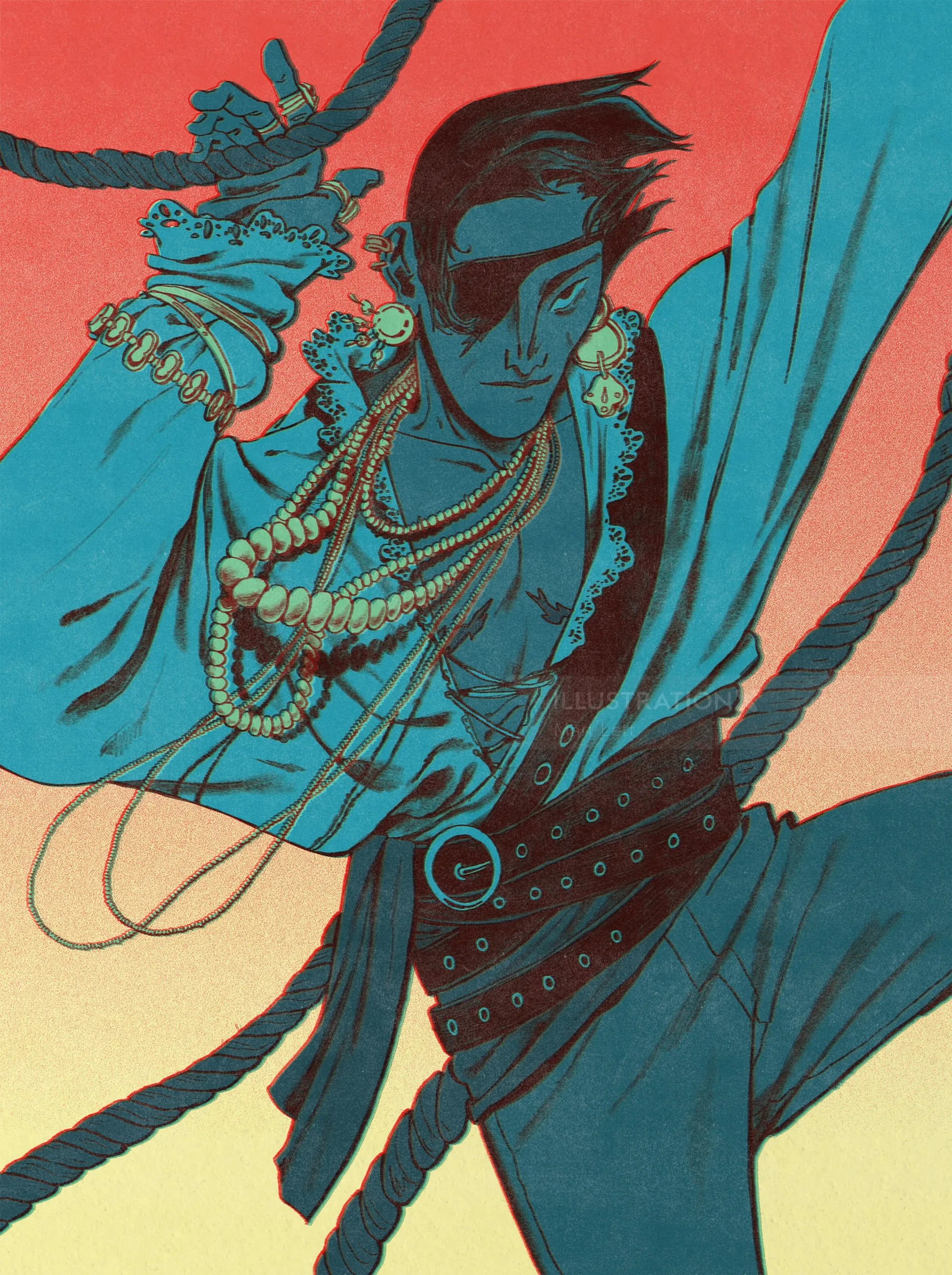 The Pirate, illustrated by Mart Lett, wearing ornate jewelry and a flowing scarf