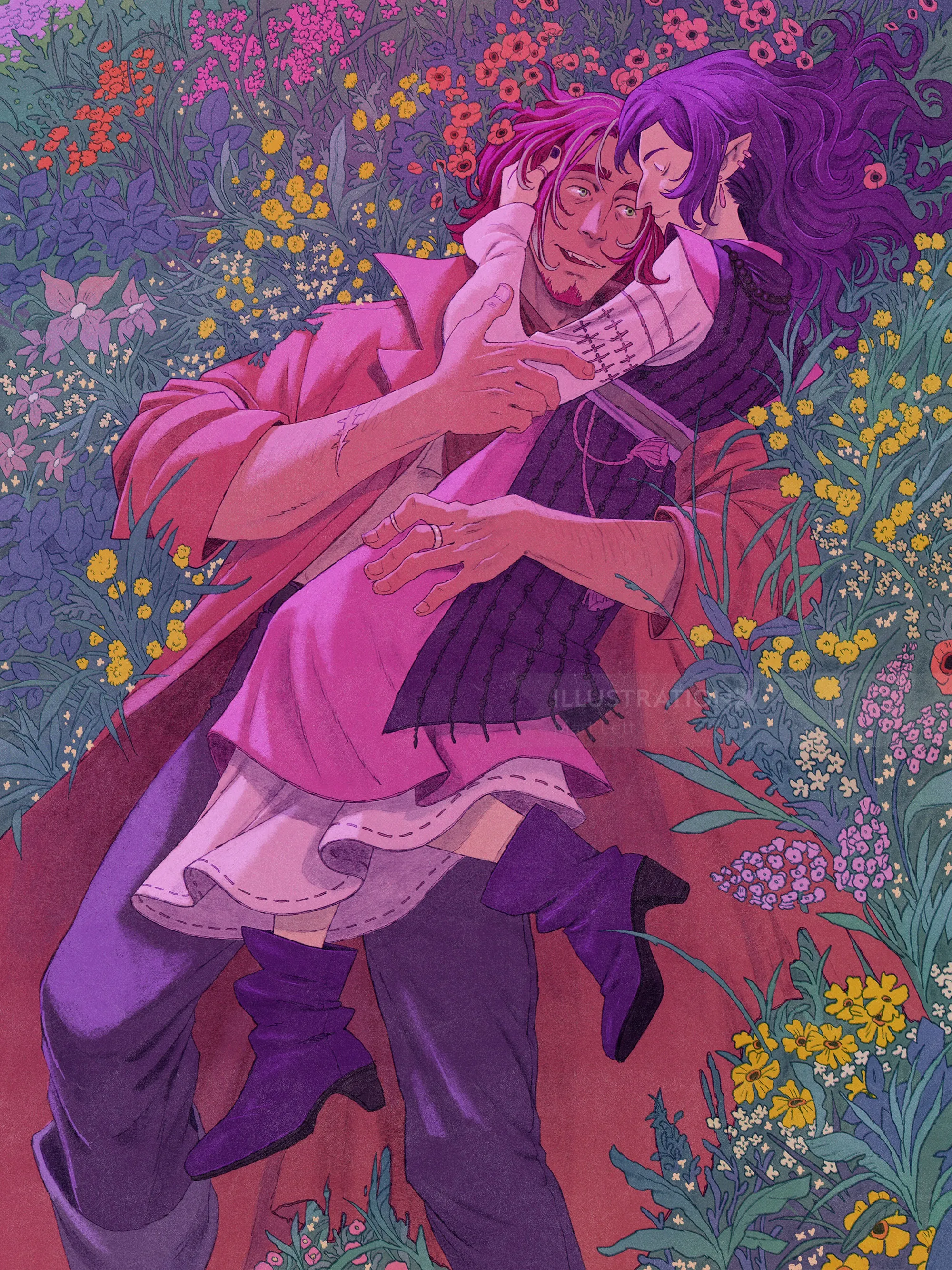 Mart Lett illustration of two lovers embracing in a flower-filled meadow