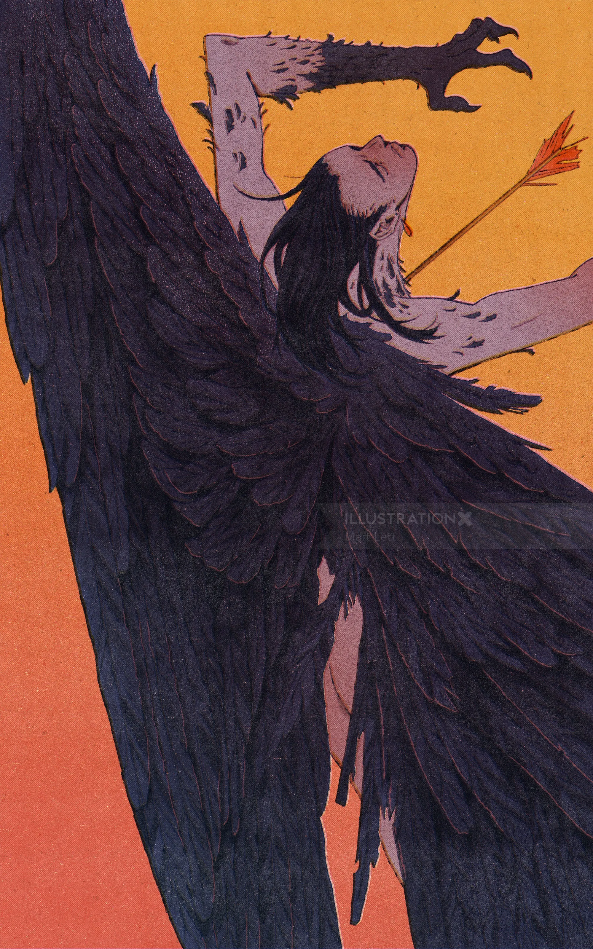 Mart Lett illustration of a fallen winged figure pierced by an arrow
