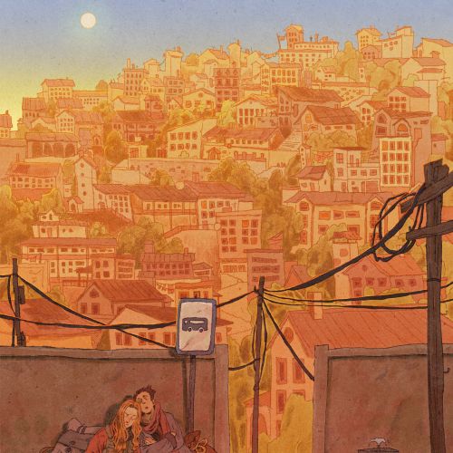 Illustration by Mart Lett of two people asleep on a bench by a bus stop