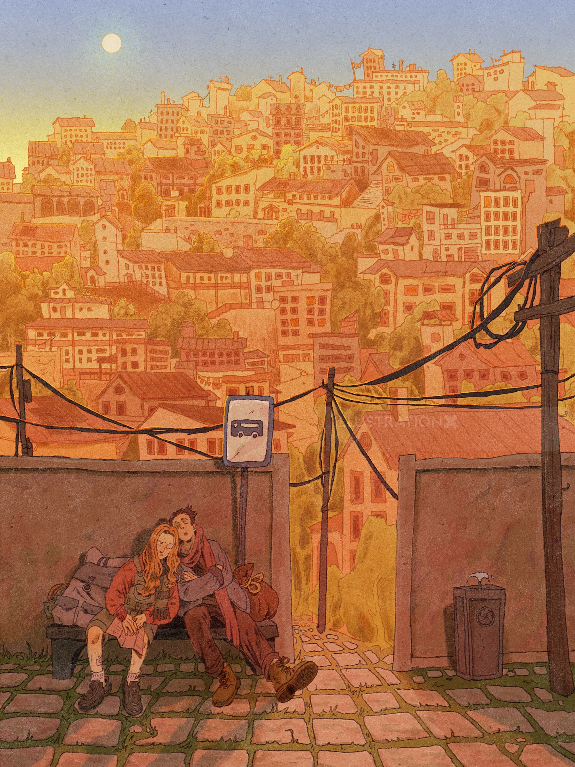 Ilustração de Mart Lett de duas pessoas dormindo em um banco perto de um ponto de ônibus.