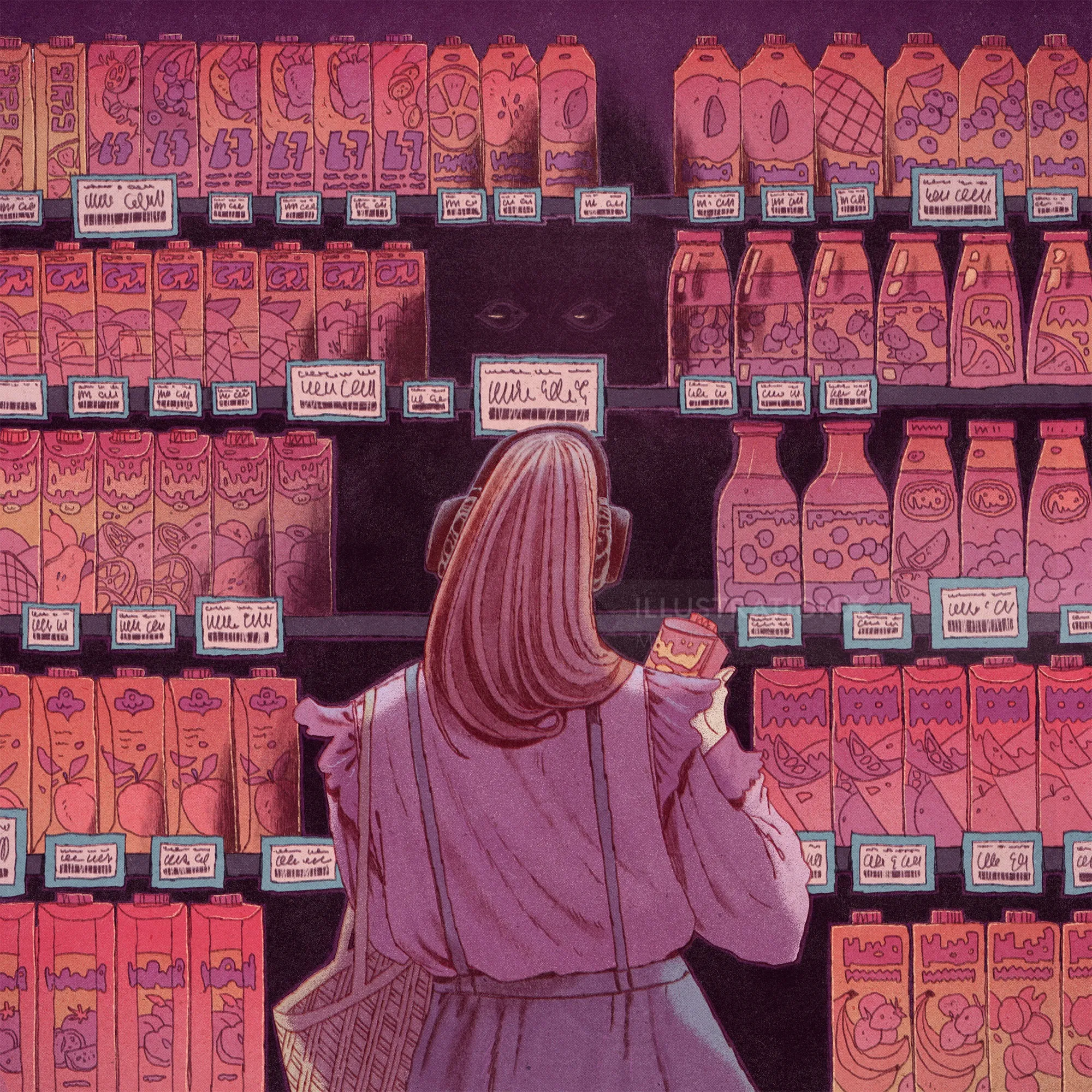 Illustration von Mart Lett: Eine Frau, die zwischen bunten Lebensmittelregalen einkauft.