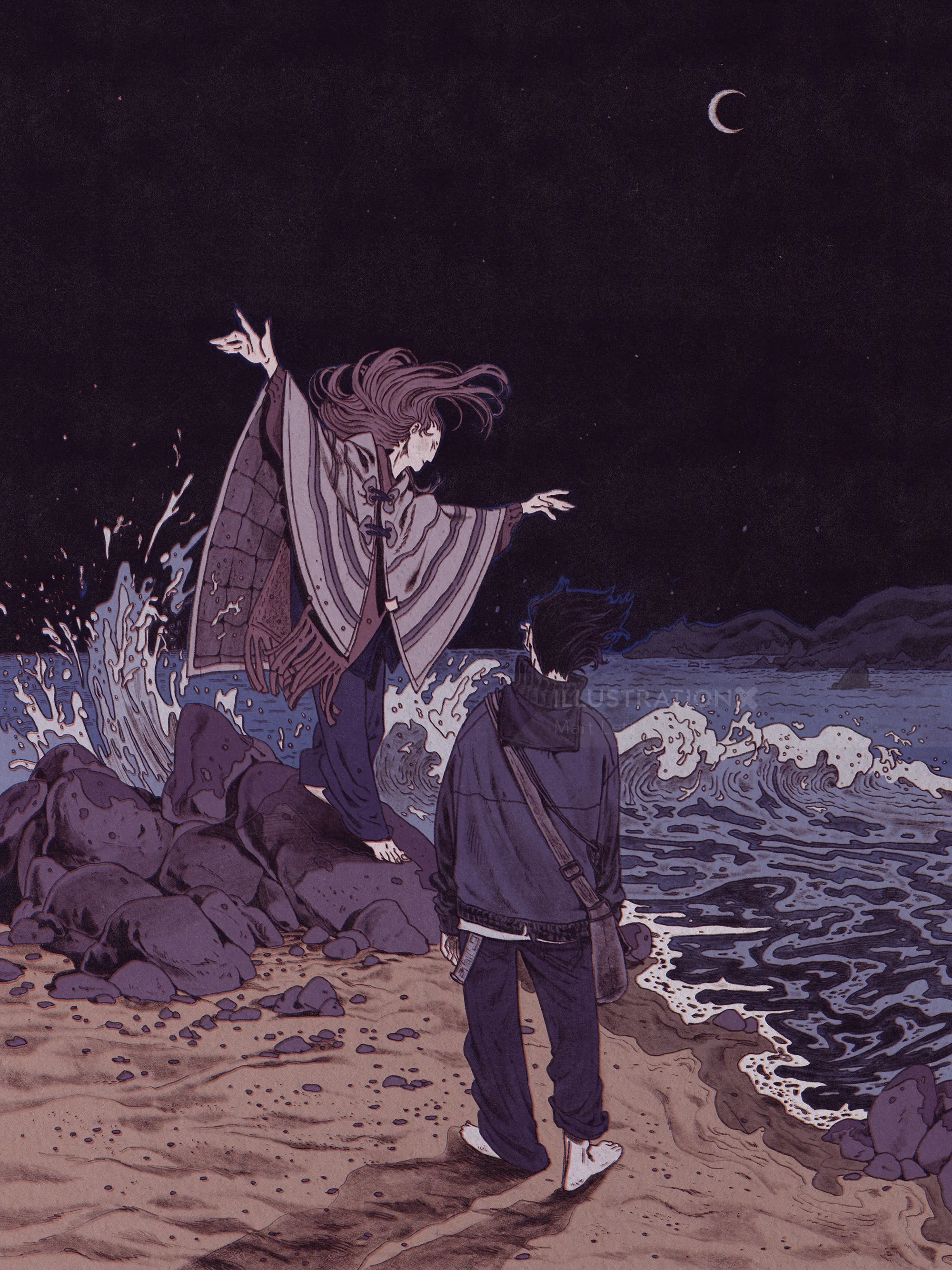 Mart Lett artwork of two figures standing beside a moonlit sea