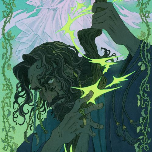 Mart Lett illustration of a sorcerer summoning magic beneath a ghostly figure