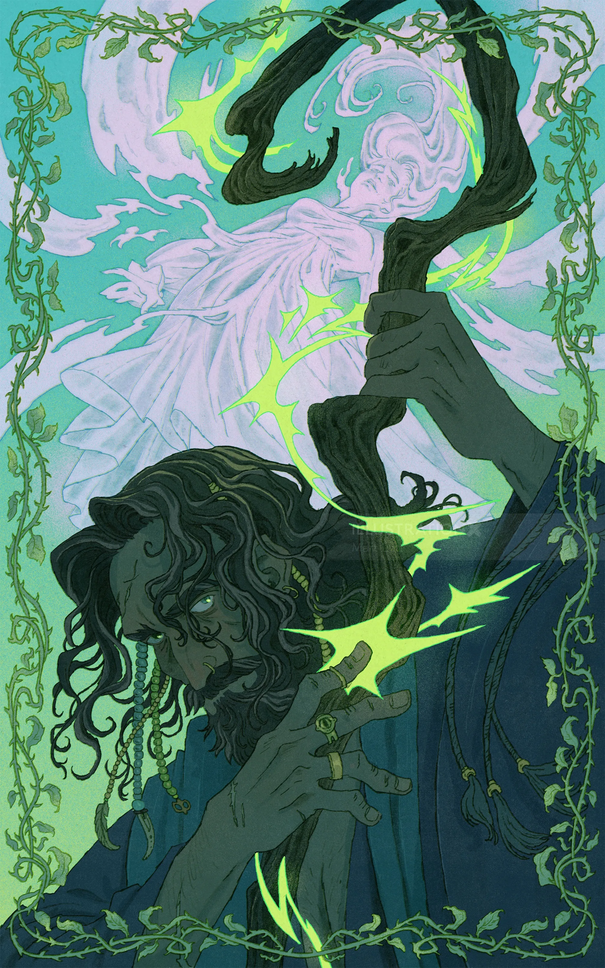Mart Lett illustration of a sorcerer summoning magic beneath a ghostly figure