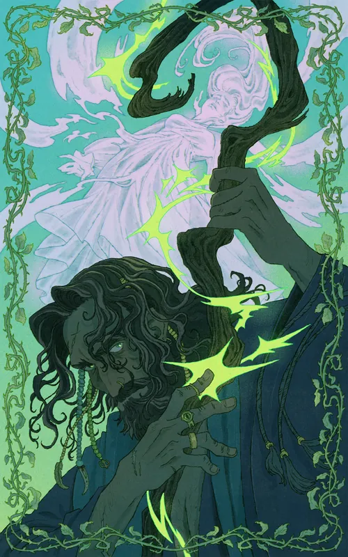 Mart Lett illustration of a sorcerer summoning magic beneath a ghostly figure