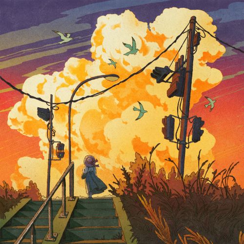 Mart Lett illustration of a woman climbing stairs beneath sunset clouds and flying gulls