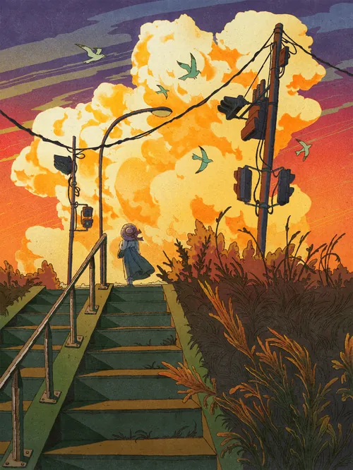 Mart Lett illustration of a woman climbing stairs beneath sunset clouds and flying gulls