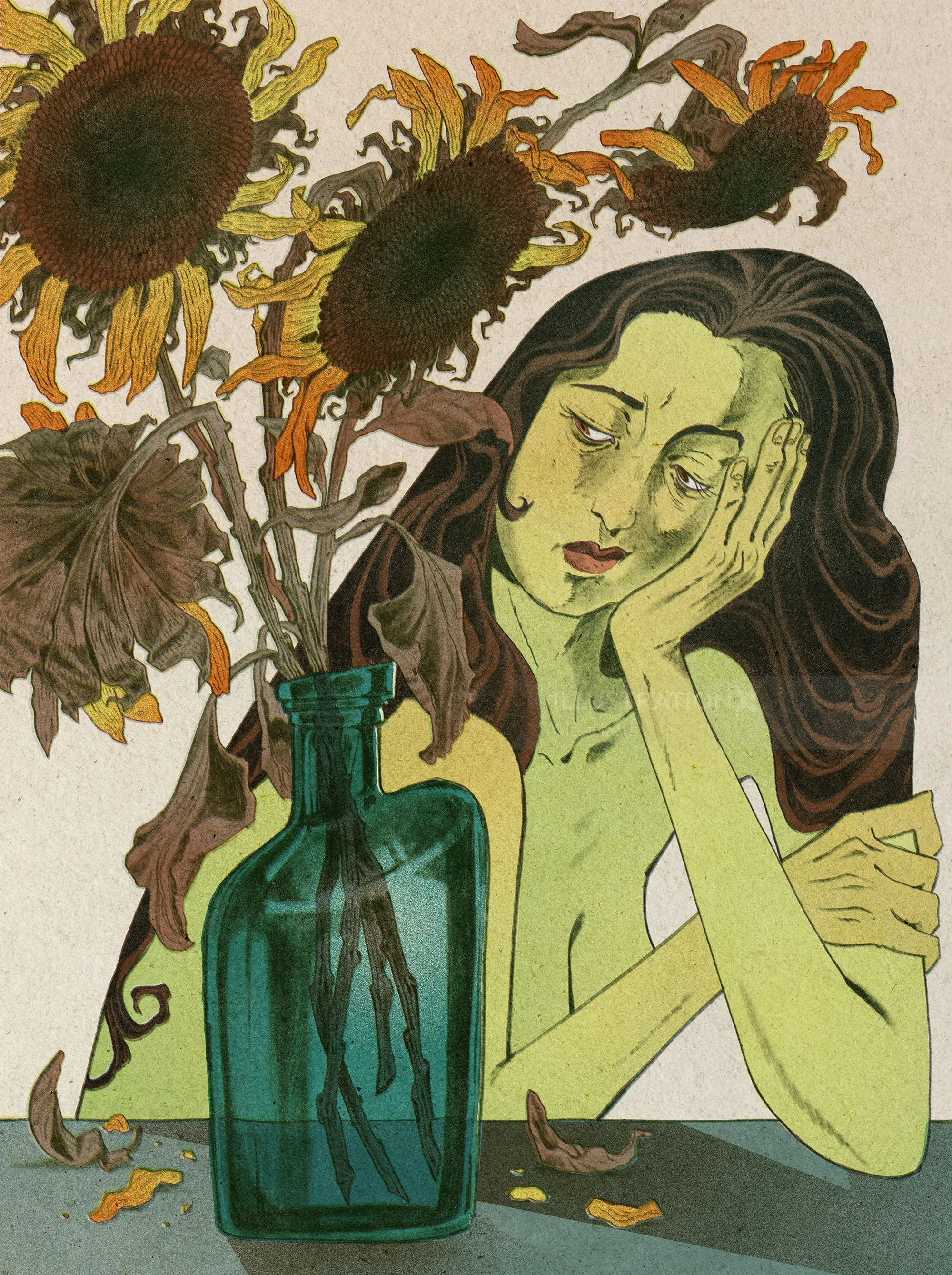 Mart Lett illustration of a melancholic woman beside withering sunflowers