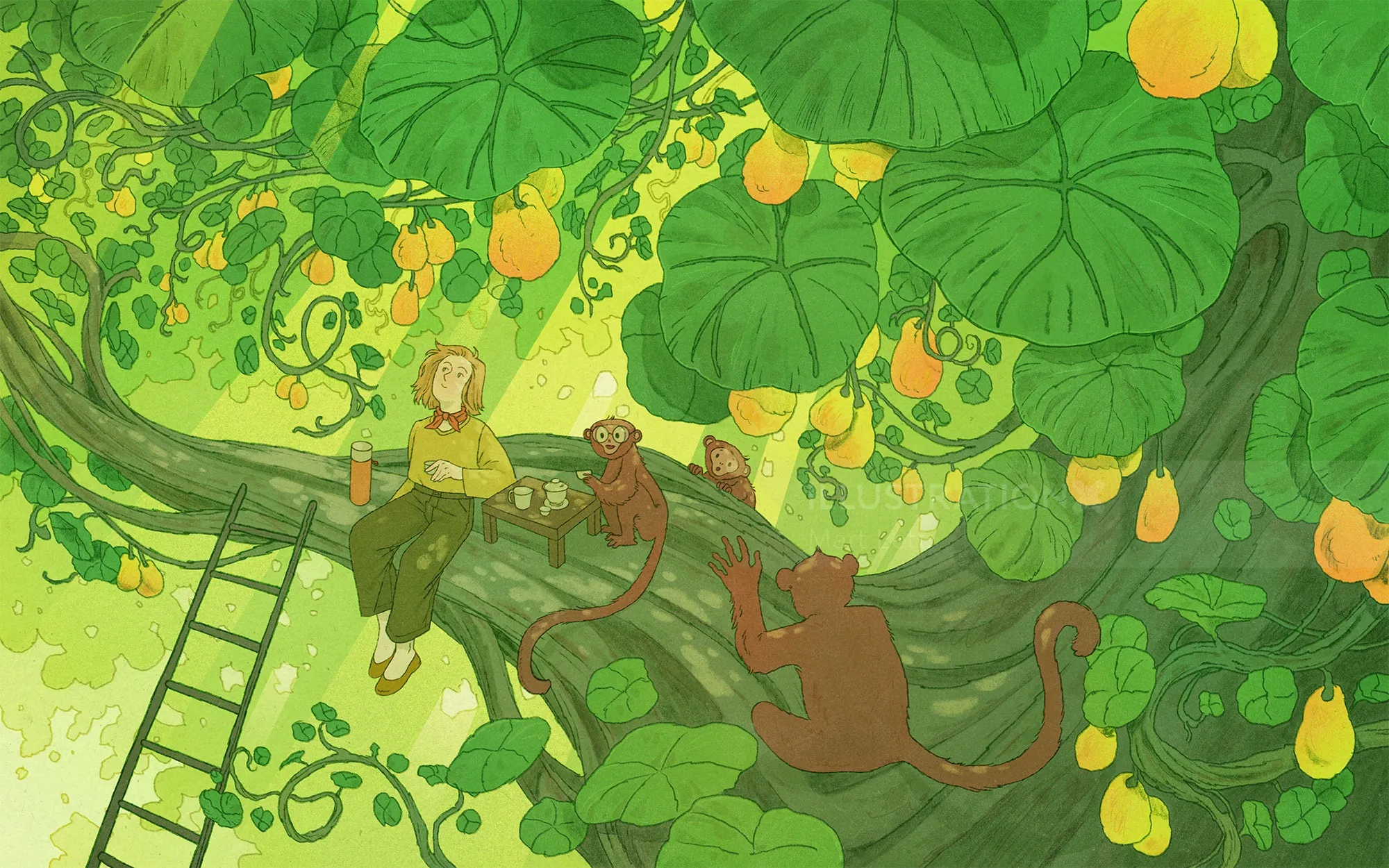 Illustration von Mart Lett: Ein Teetrinker und Affen in einem belaubten Baum