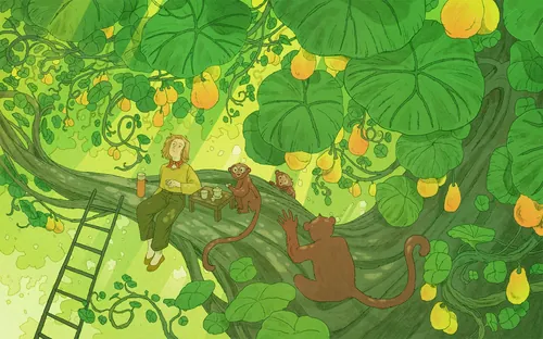 Mart Lett illustration of a tea drinker and monkeys in a leafy tree