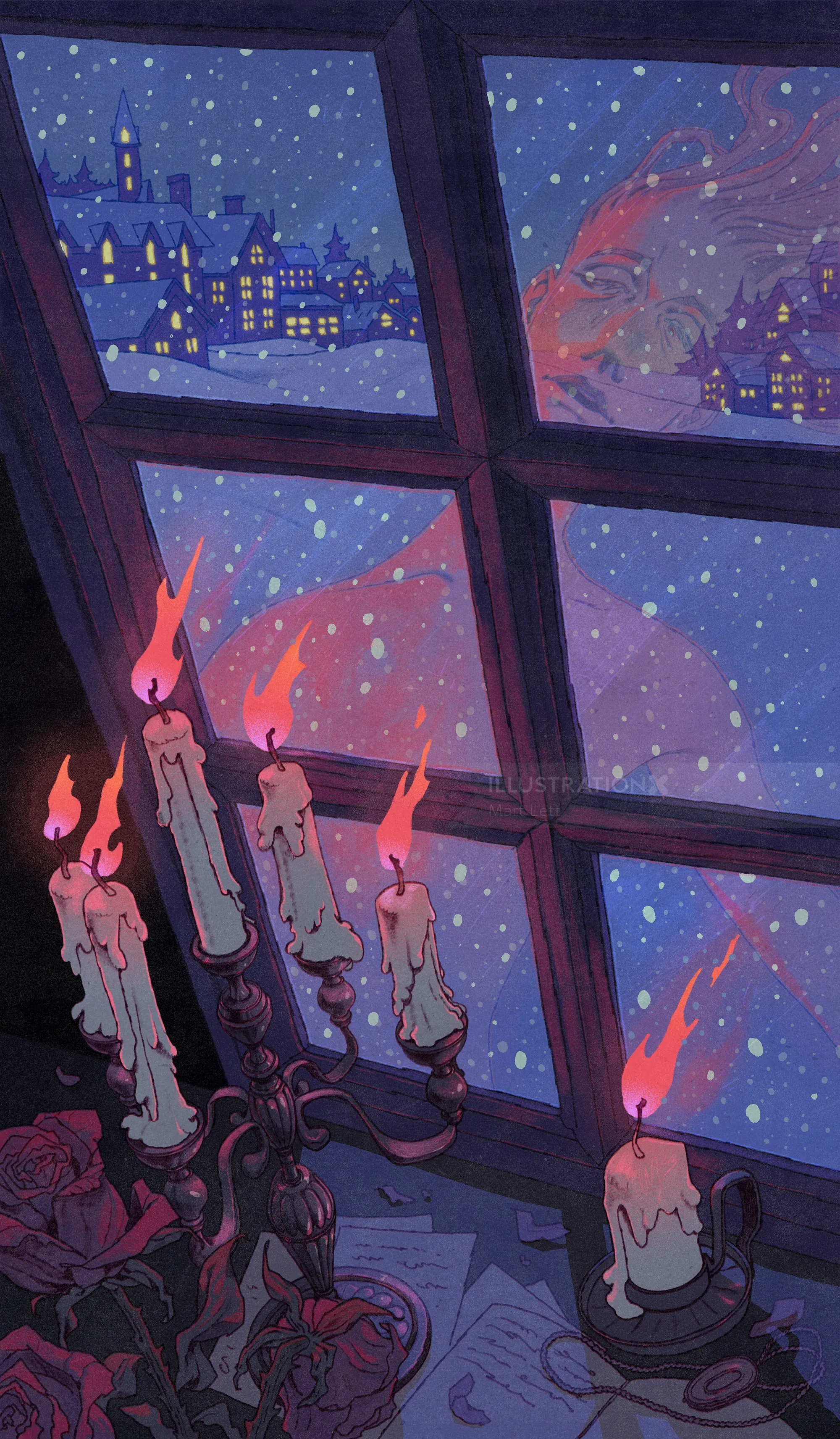 夜里，马特·莱特的幽灵般的身影和雪窗旁的蜡烛