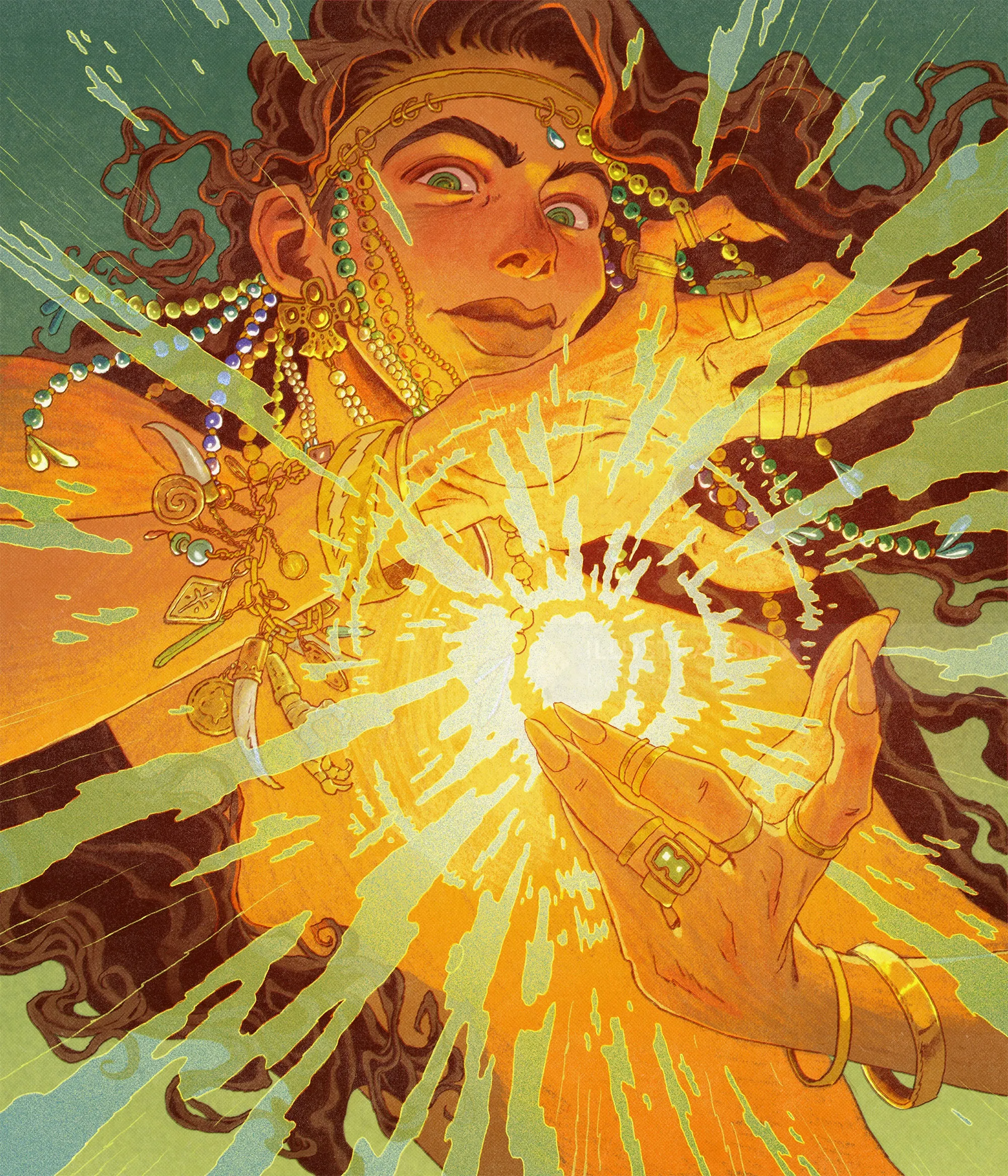 Ilustración de Mart Lett de una bruja sosteniendo un destello radiante de luz.