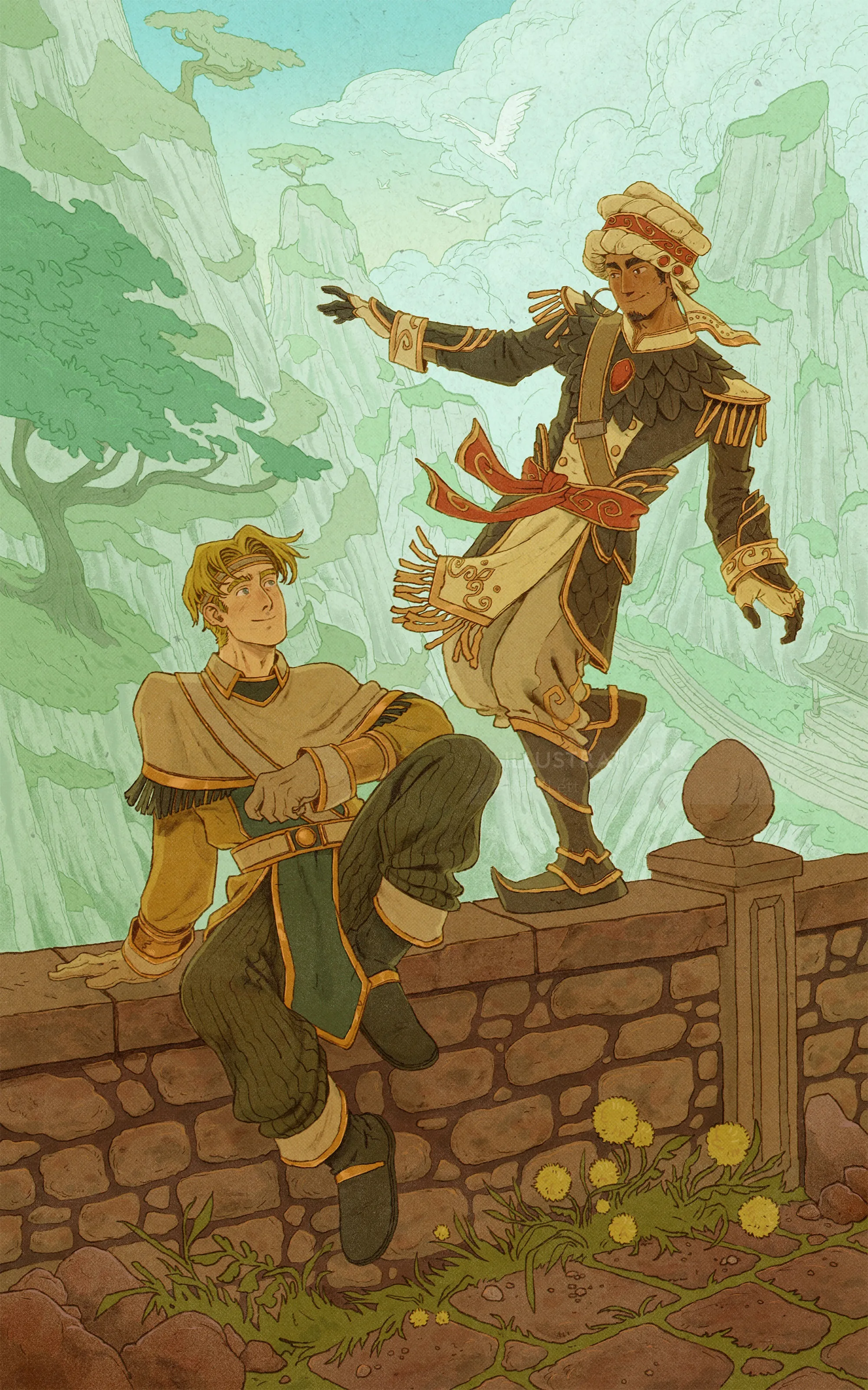 Ilustración de Mart Lett de Wrathion y Anduin en un muro de piedra.