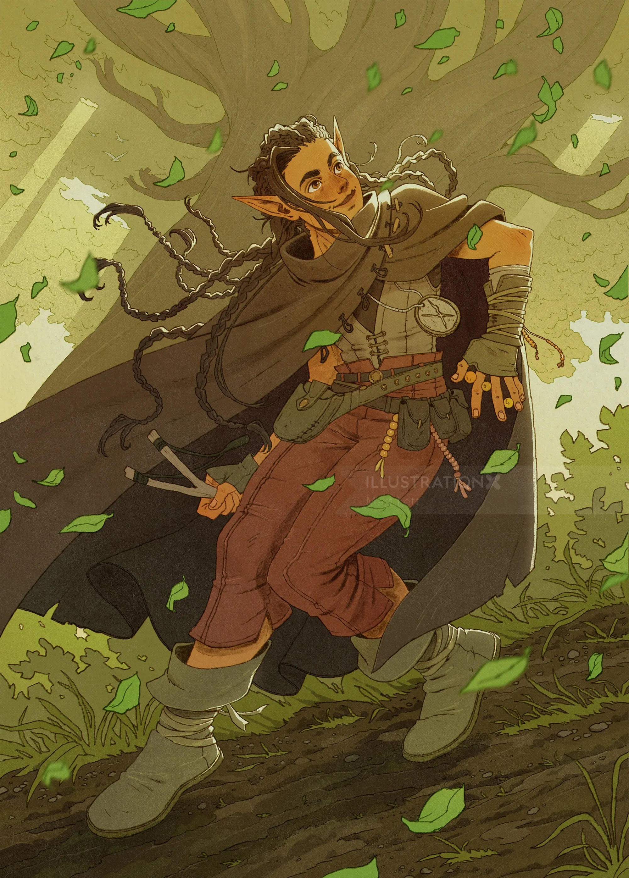 Illustration von Mart Lett: Ein Fantasy-Abenteurer klettert durch einen Laubwald
