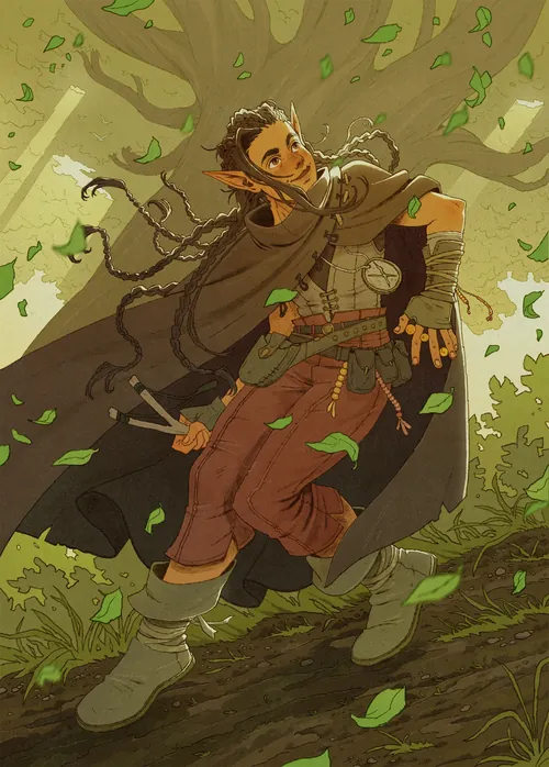 Illustration by Mart Lett of a fantasy adventurer climbing through a leafy forest