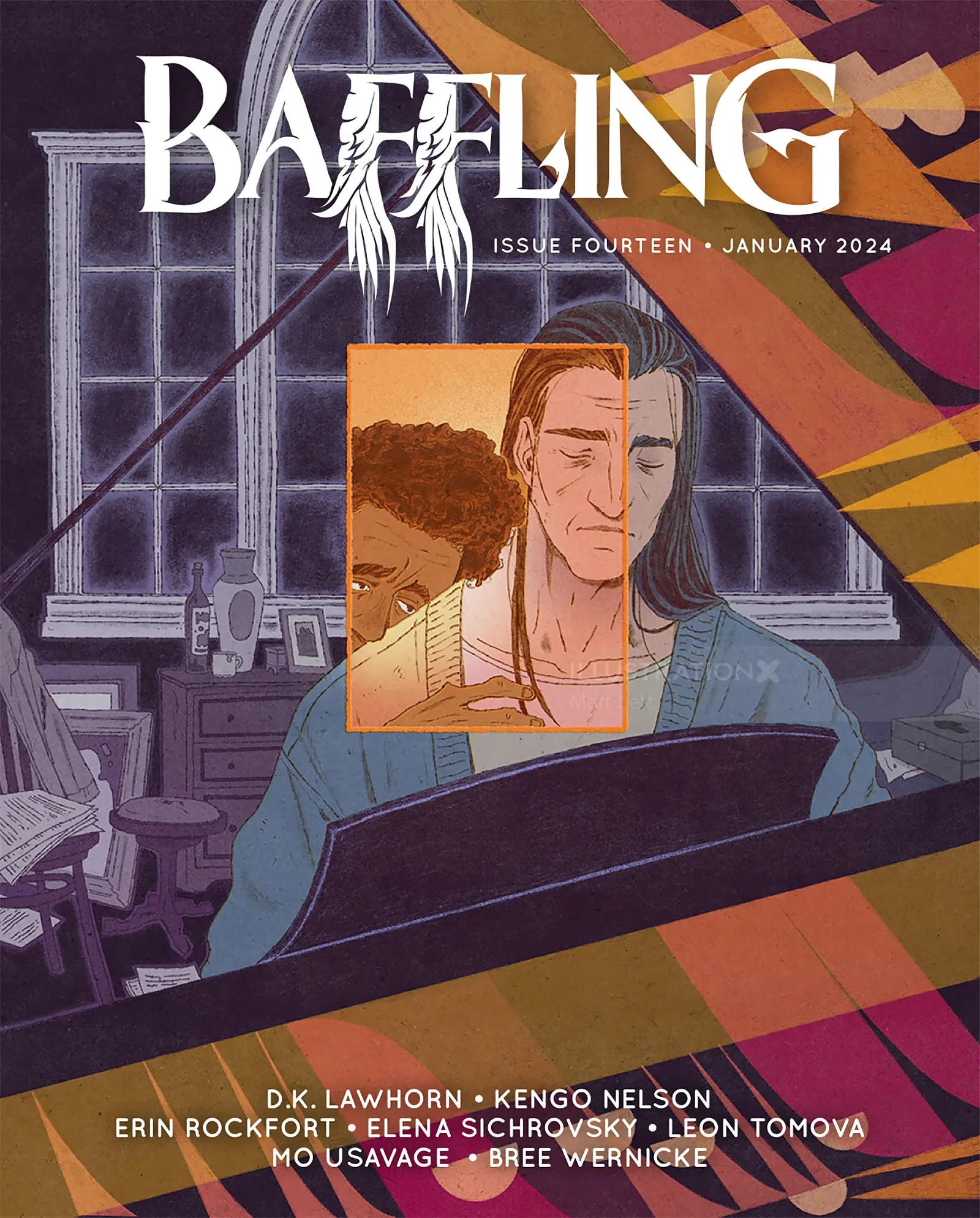 Baffling Magazine cover illustration by Mart Lett with a seated figure