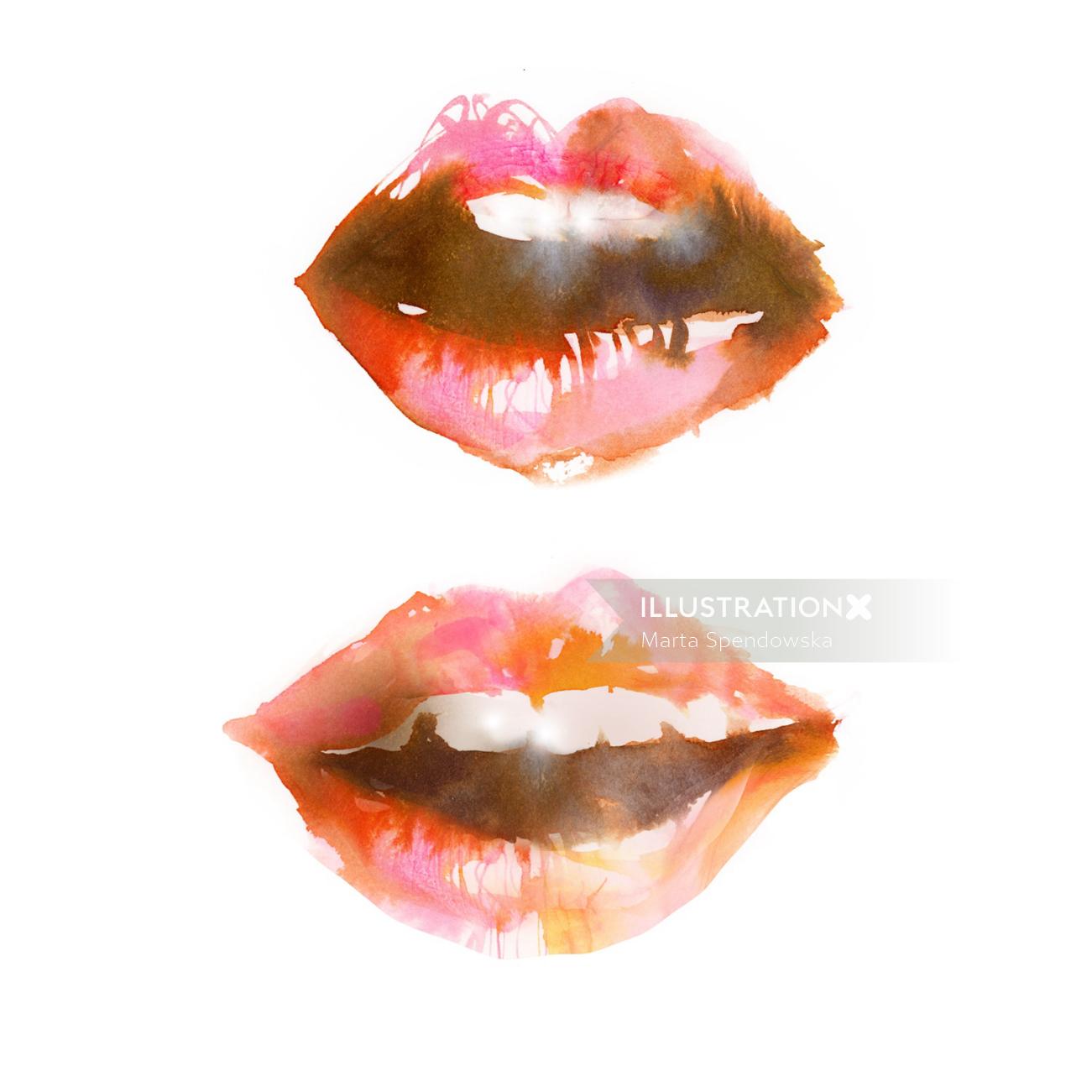 嘴唇的水彩绘画