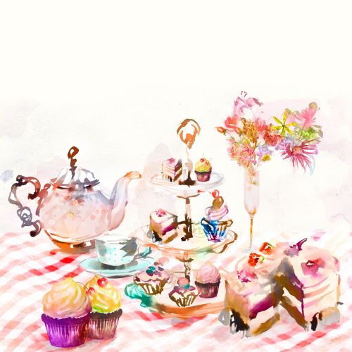 Garden tea party watercolor drawing