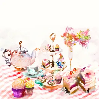 Garden tea party watercolor drawing