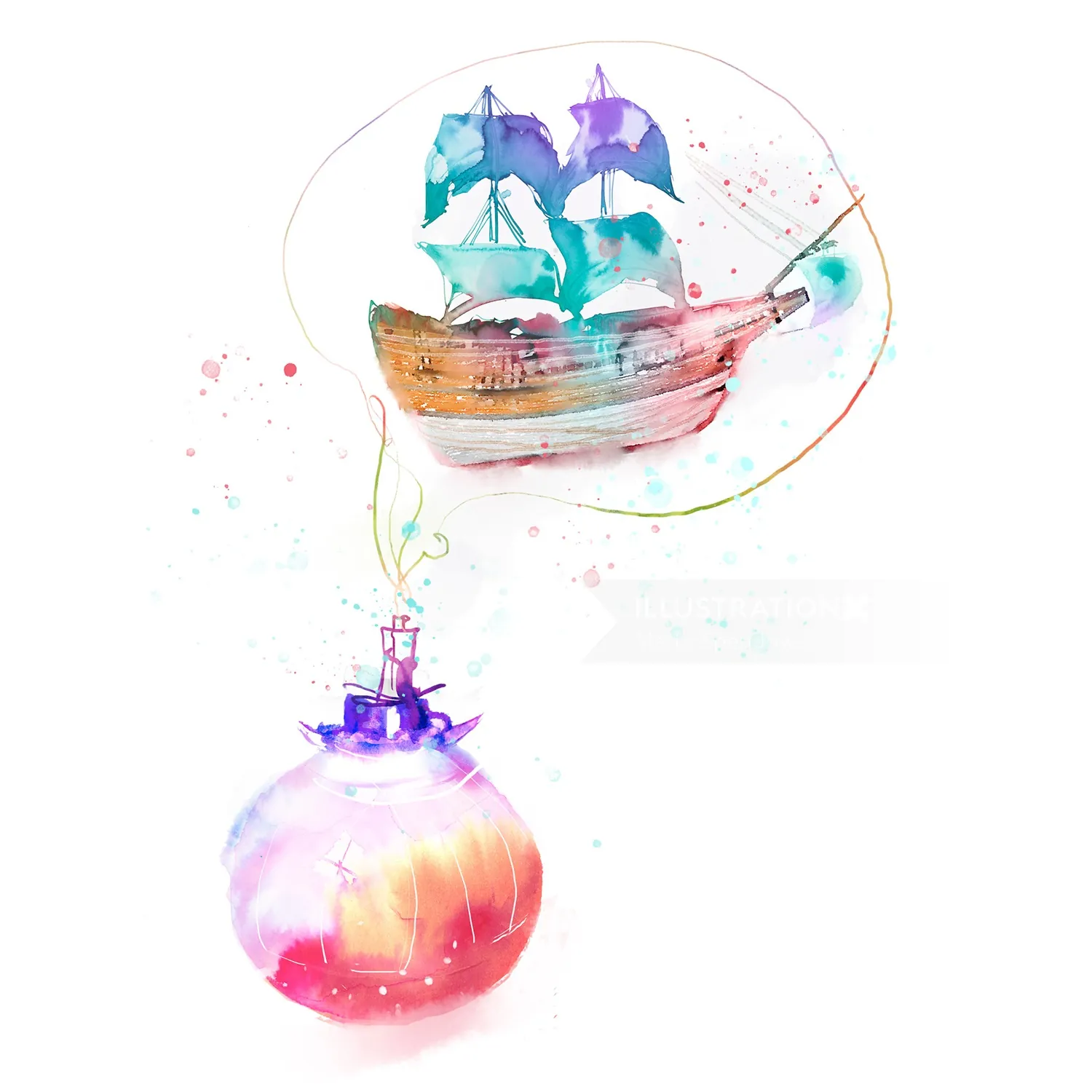 Watercolor ship floating in a bubble above a glowing round object by Marta Spendowska
