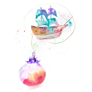 Watercolor ship floating in a bubble above a glowing round object by Marta Spendowska