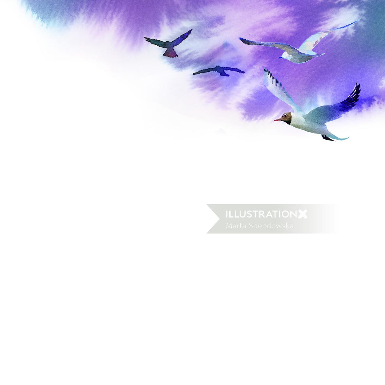 Painting of birds flying in the blue sky