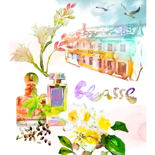 Watercolor painting of perfume bottles, flowers, and birds by Marta Spendowska