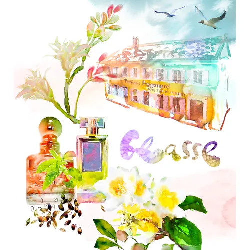 Watercolor painting of perfume bottles, flowers, and birds by Marta Spendowska