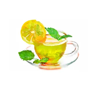 Watercolor painting of a cup of herbal tea with lemon and mint by Marta Spendowska