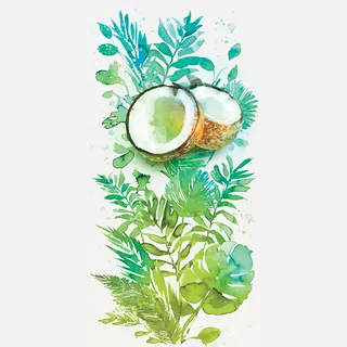 Watercolor painting of coconut and green tropical leaves by Marta Spendowska