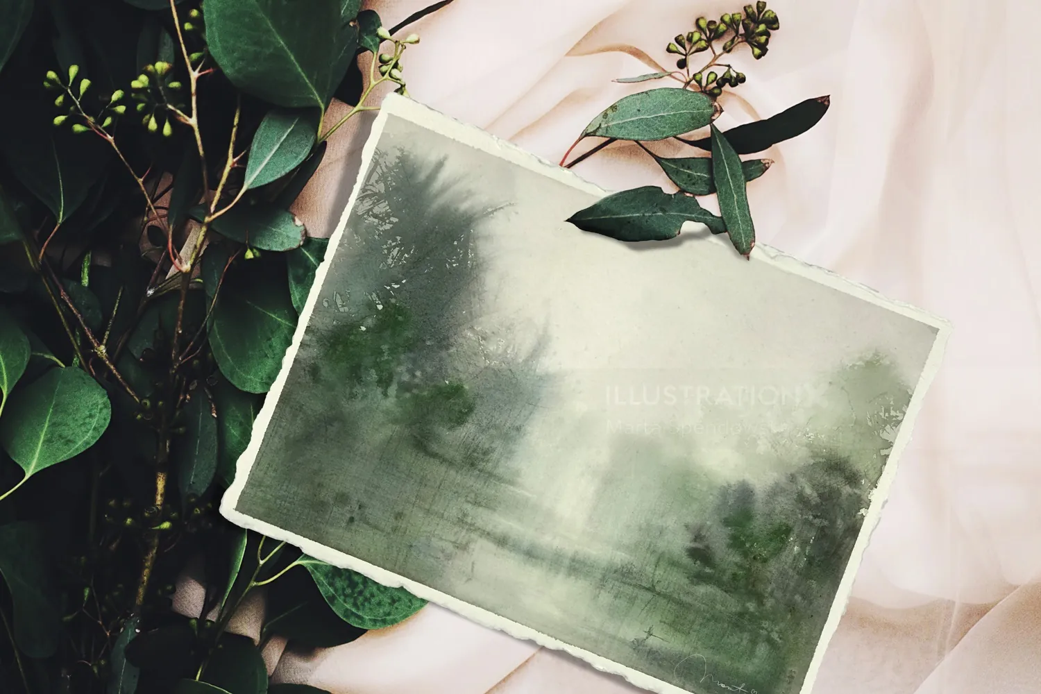 Faded green vintage photograph on fabric with leaves by Marta Spendowska