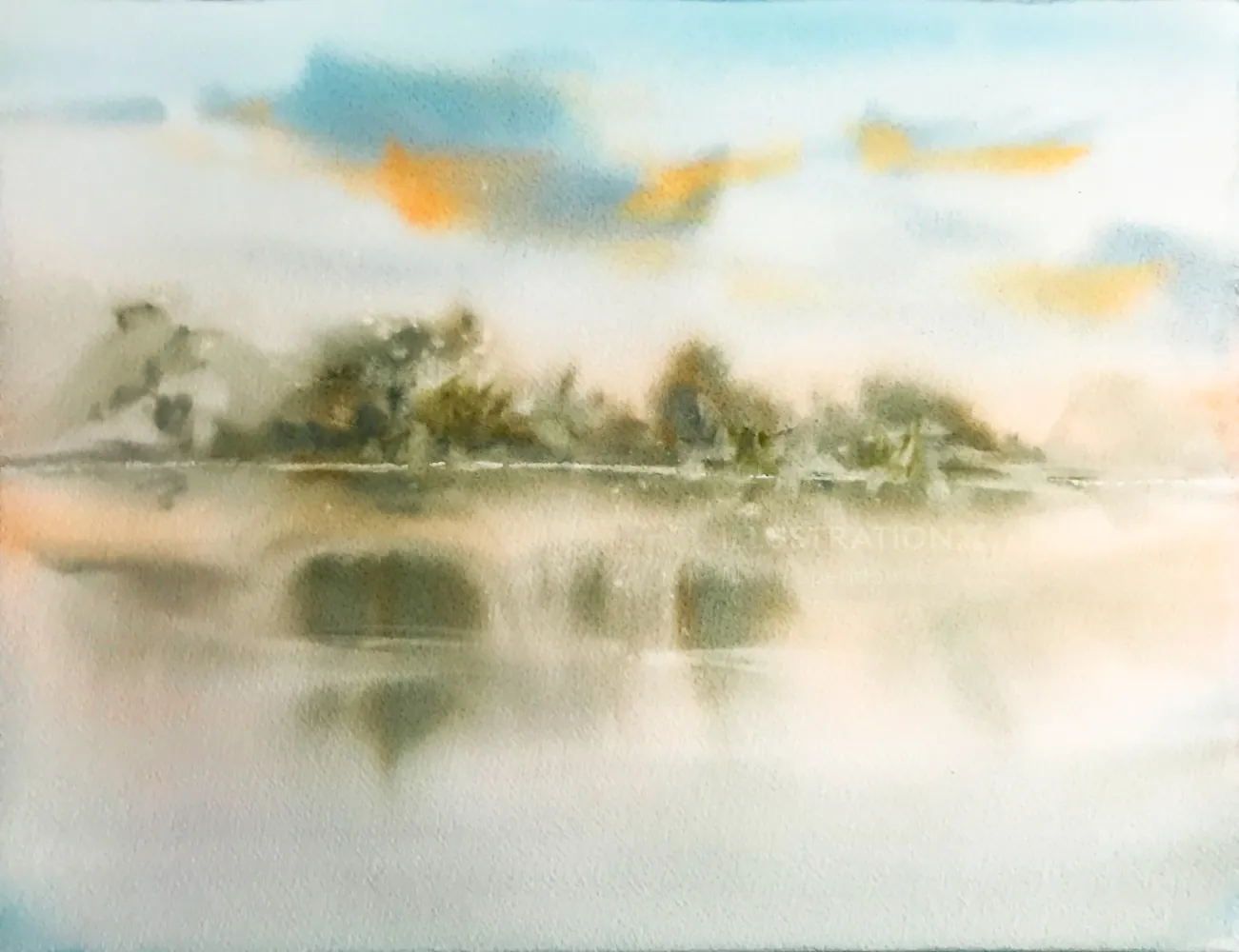 Watercolor painting of misty landscape and water reflection by Marta Spendowska