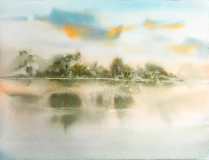 Watercolor painting of misty landscape and water reflection by Marta Spendowska