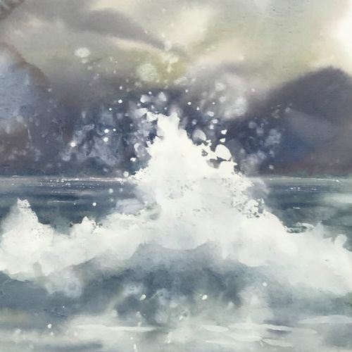 Watercolor painting of ocean waves crashing by Marta Spendowska