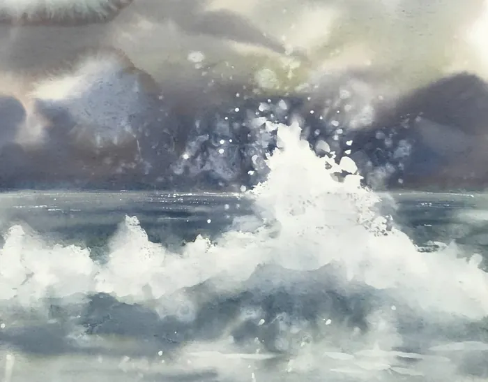 Watercolor painting of ocean waves crashing by Marta Spendowska