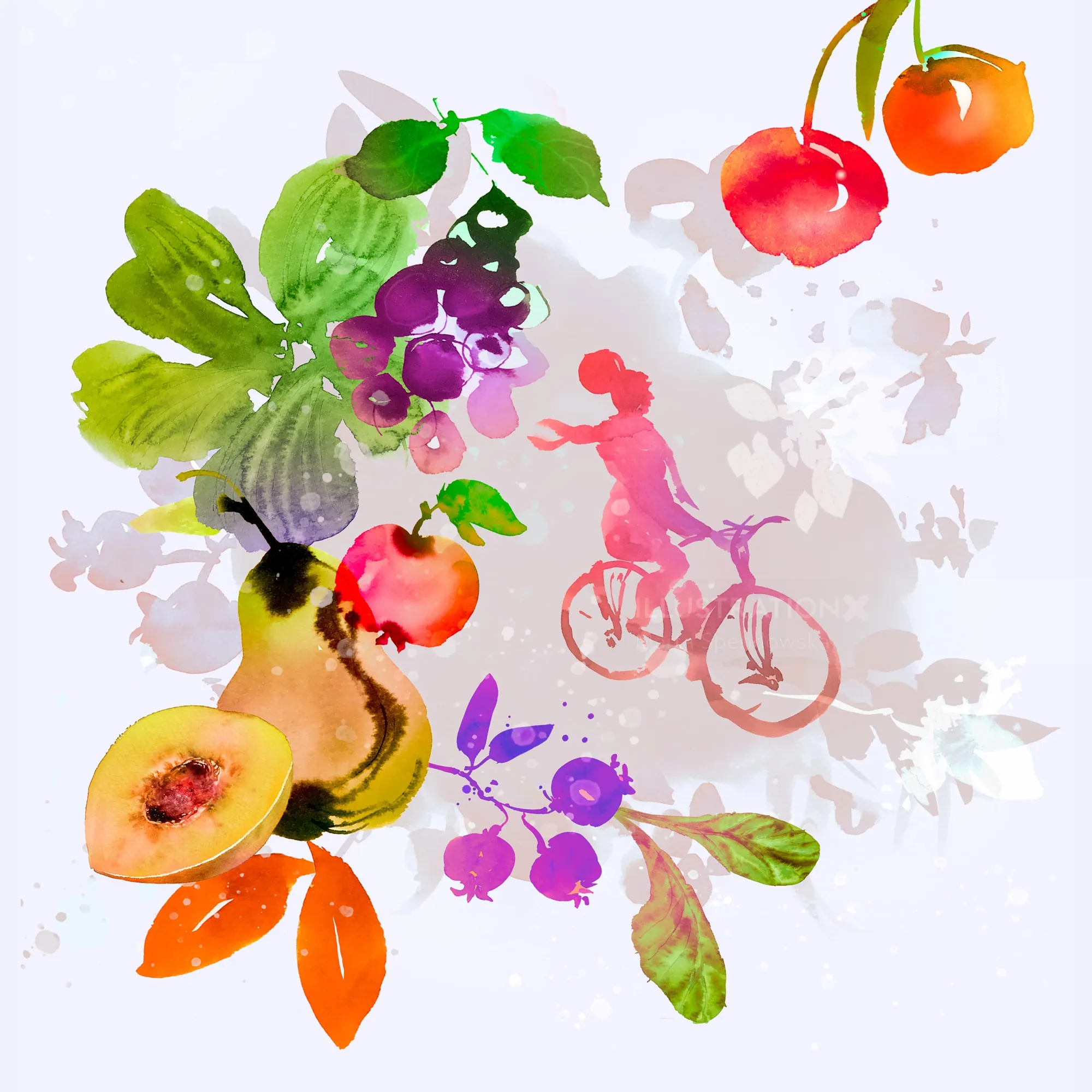 Watercolor painting of fruits and child riding bike by Marta Spendowska
