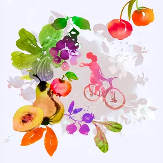 Watercolor painting of fruits and child riding bike by Marta Spendowska
