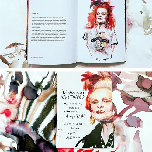 Watercolor portrait of Vivienne Westwood and book pages with text.