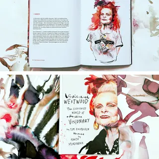 Watercolor portrait of Vivienne Westwood and book pages with text.