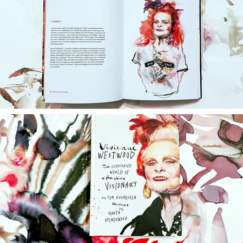 Watercolor portrait of Vivienne Westwood and book pages with text.