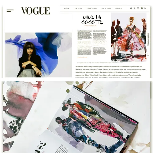 Vogue magazine open to fashion illustrations and editorial text
