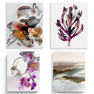 Set of four abstract watercolor artworks with floral and marine themes