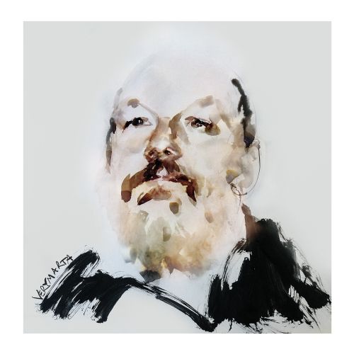 Watercolor painting of a bearded man looking thoughtful
