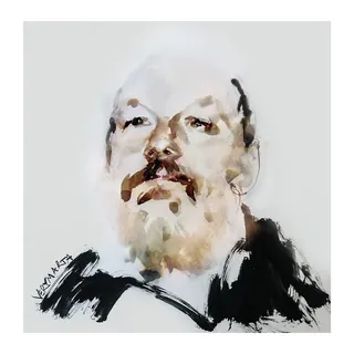 Watercolor painting of a bearded man looking thoughtful