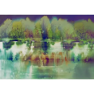 Abstract forest landscape with water reflection in watercolor style